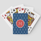 Navy Blue White Anchors Pattern, Red Monogram