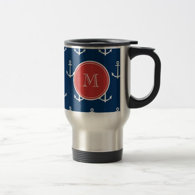 Navy Blue White Anchors Pattern, Red Monogram Travel Mug (Right)