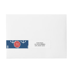 Navy Blue White Anchors Pattern, Red Monogram Wraparound Address Label