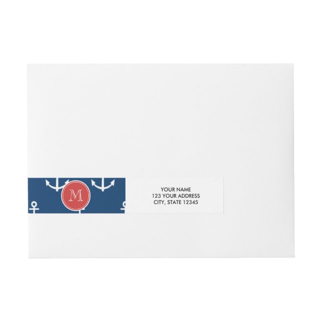 Navy Blue White Anchors Pattern, Red Monogram Wraparound Address Label (Front)