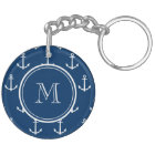 Navy Blue White Anchors Pattern, Your Monogram