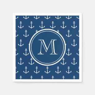 Navy Blue White Anchors Pattern, Your Monogram Napkin