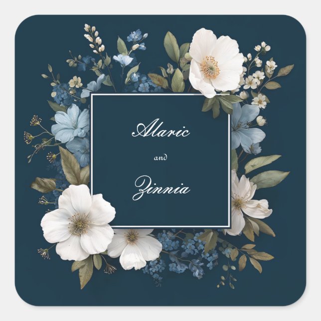 Navy Blue White Anemone Floral Modern Square Frame Sticker (Front)