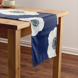 Navy Blue & White Anemones Short Table Runner