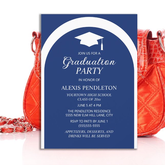 Navy Blue White Arch High School Graduation Cap Invitation (Navy blue graduation party invitation)