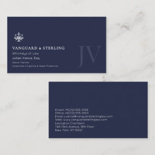 Navy Blue White Attorney Lawyer Elegant Monogram Business Card