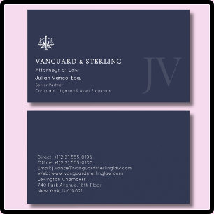 Navy Blue White Attorney Lawyer Elegant Monogram  Business Card