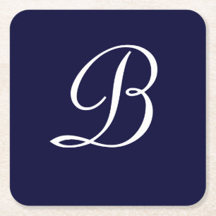 Navy Blue & White B Monogram script text Square Paper Coaster