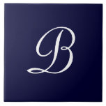 Navy Blue & White B Monogram script text Tile<br><div class="desc">Navy Blue & White Monogram. White initial B on navy blue.</div>