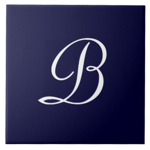 Navy Blue & White B Monogram script text Tile
