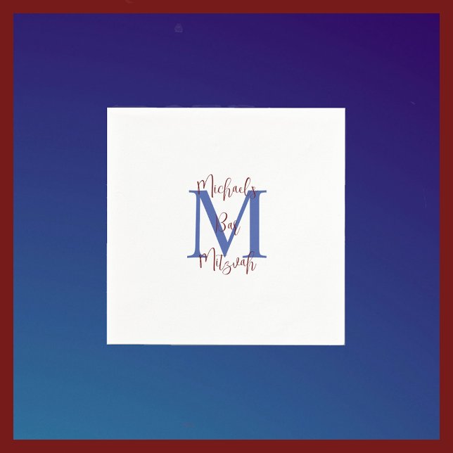 Navy Blue White Bar Mitzvah Name Monogram  Napkin (Creator Uploaded)