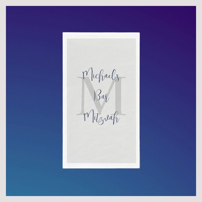 Navy Blue White Bar Mitzvah Name Monogram  Napkin (Creator Uploaded)