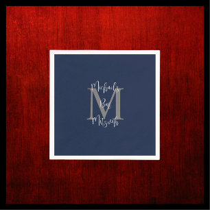 Navy Blue White Bar Mitzvah Name Monogram  Napkin