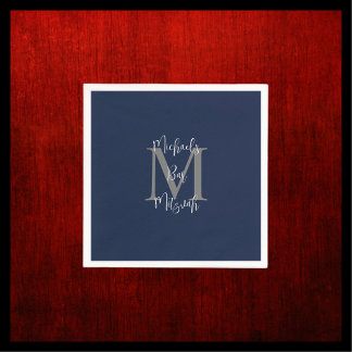 Navy Blue White Bar Mitzvah Name Monogram Napkin