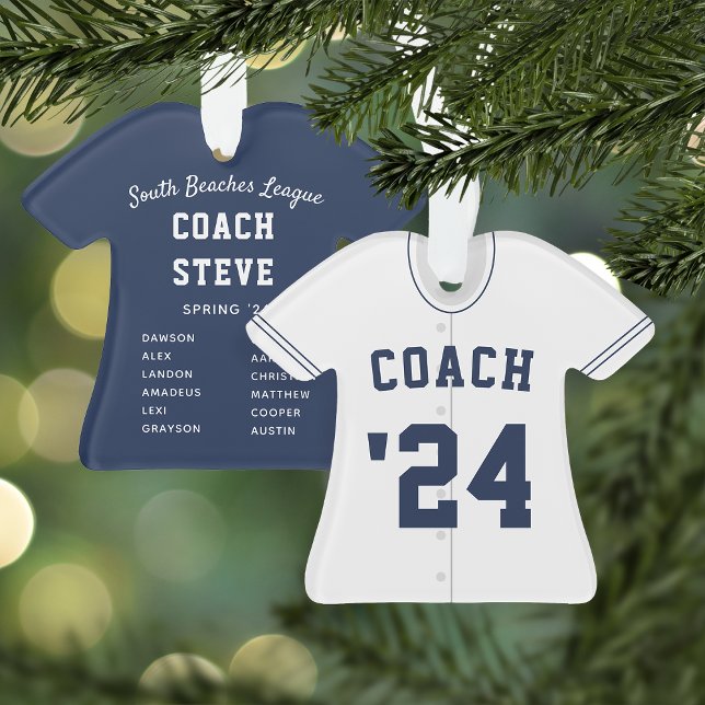 Navy Blue & White Baseball Coach Team Jersey Ornament (Creator Uploaded)