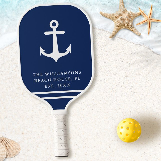 Navy Blue White Beach House Nautical Anchor Pickleball Paddle (Creator Uploaded)