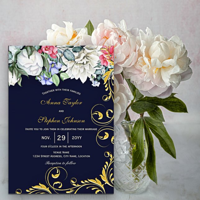 Navy Blue White Blue Pink Gold Swirls Botanical Invitation (Creator Uploaded)