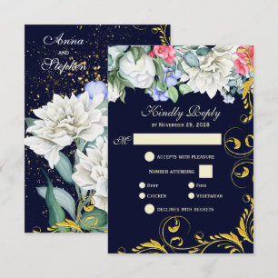 Navy Blue White Blue Pink Gold Swirls Floral RSVP Card