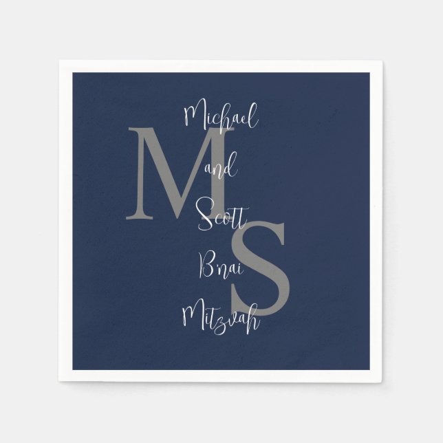 Navy Blue White B'nai Mitzvah Name Monogram  Napkin (Front)
