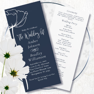 Navy Blue White Bold Floral Modern Simple Wedding  Programme