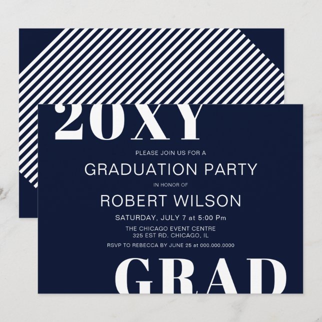 Navy Blue White Bold Typography Graduation Party Invitation (Front/Back)