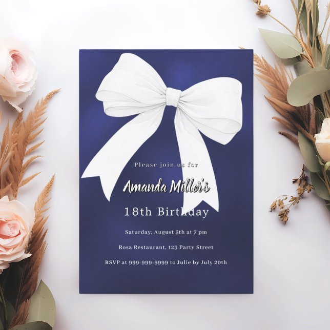 Navy blue white bow Birthday Invitation (Creator Uploaded)