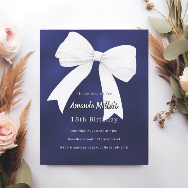 Navy blue white bow Birthday invitation (Creator Uploaded)