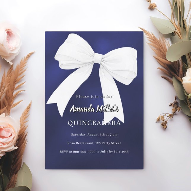 Navy blue white bow Quinceanera Invitation (Creator Uploaded)