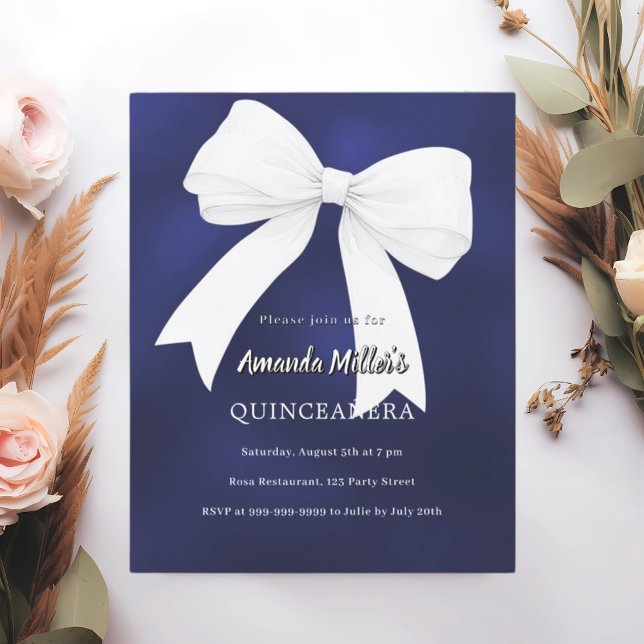 Navy blue white bow Quinceanera invitation (Creator Uploaded)
