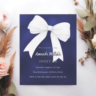 Navy blue white bow Sweet 16 invitation