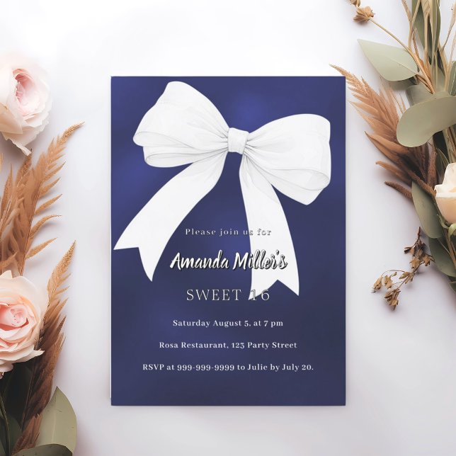 Navy blue white bow Sweet 16 Invitation (Creator Uploaded)