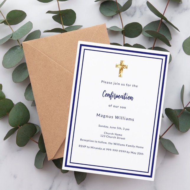 Navy blue white boy Confirmation Invitation (Creator Uploaded)