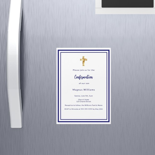 Navy blue white boy Confirmation Magnetic Invitation (Creator Uploaded)