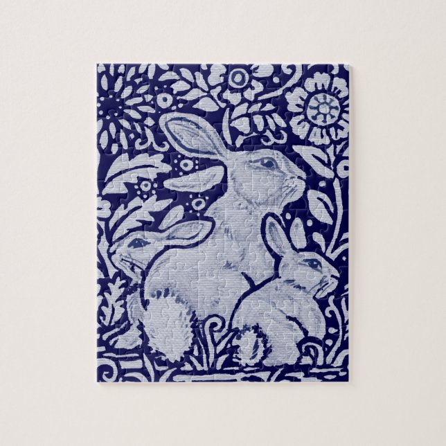 Navy Blue & White Bunny Rabbit Family & Flowers Jigsaw Puzzle (Vertical)
