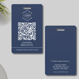 Navy Blue White Business Logo QR Code  ID Badge