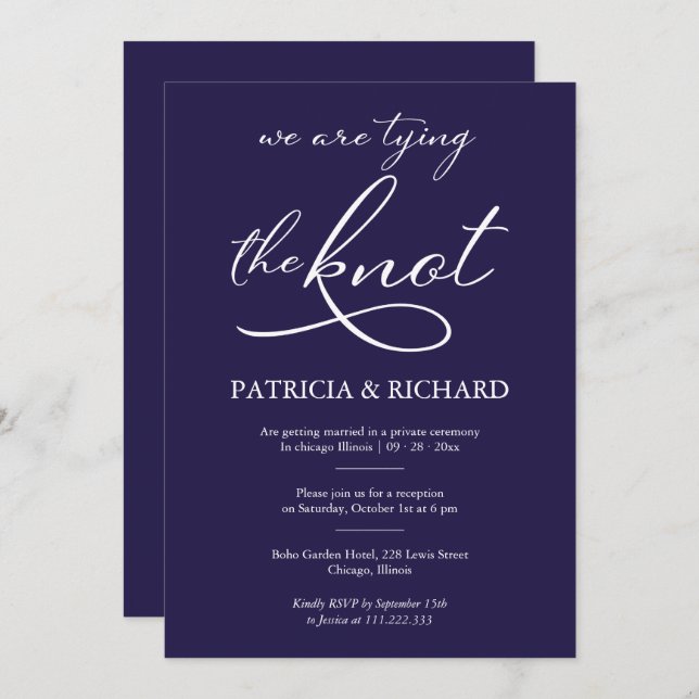 Navy Blue White Calligraphy Elopement Wedding Invitation (Front/Back)