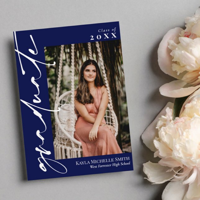Navy Blue White Calligraphy Photo Graduation Invitation (Creator Uploaded)