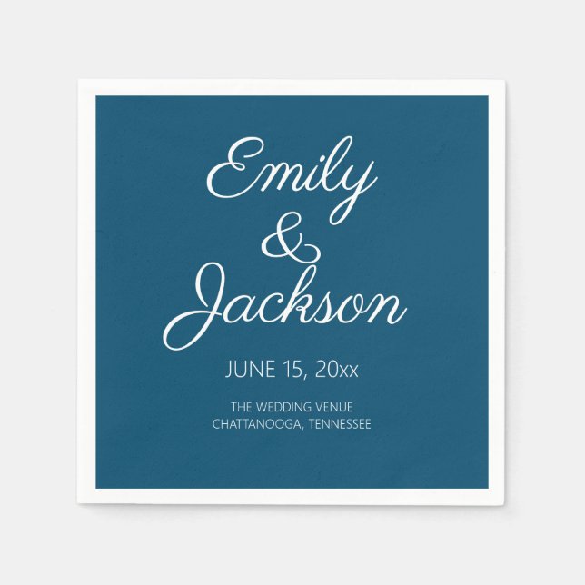 Navy Blue White Calligraphy Script Wedding Napkin (Front)