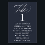 Navy Blue White Calligraphy Seating Chart Table Number<br><div class="desc">Elegant white calligraphy "table",  with guest names listed and table number,  wedding table number seating chart card. Background colour shown in navy blue,  can be customised.</div>