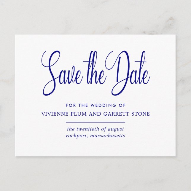 Navy Blue White Calligraphy Wedding Save the Date Invitation Postcard (Front)