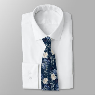 Navy Blue White Cascading Peonies Wedding  Tie