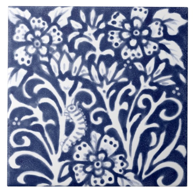 Navy Blue White Caterpillar on Flower Floral Delft Tile (Front)