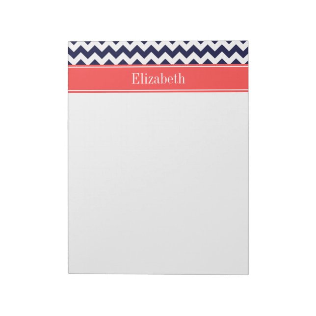 Navy Blue White Chevron Coral Red Name Monogram Notepad (Rotated)