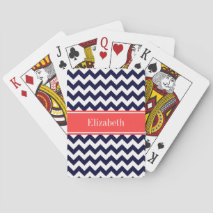Navy Blue White Chevron Coral Red Name Monogram Playing Cards