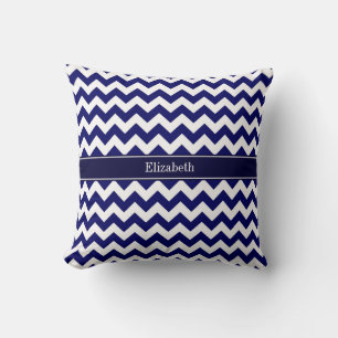 Navy Blue White Chevron Navy Name Monogram Cushion
