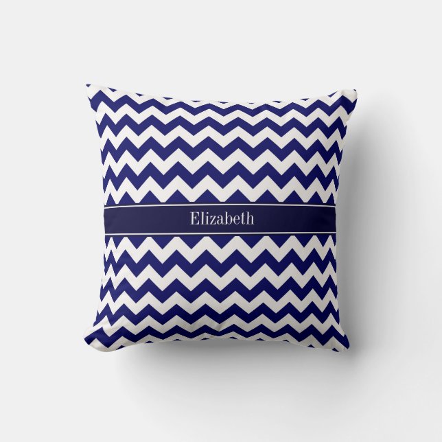 Navy Blue White Chevron Navy Name Monogram Cushion (Front)