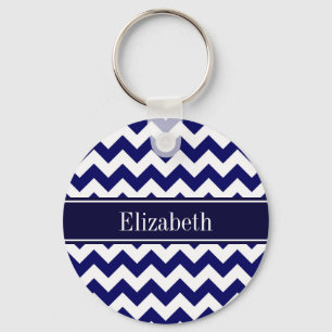 Navy Blue White Chevron Navy Name Monogram Key Ring