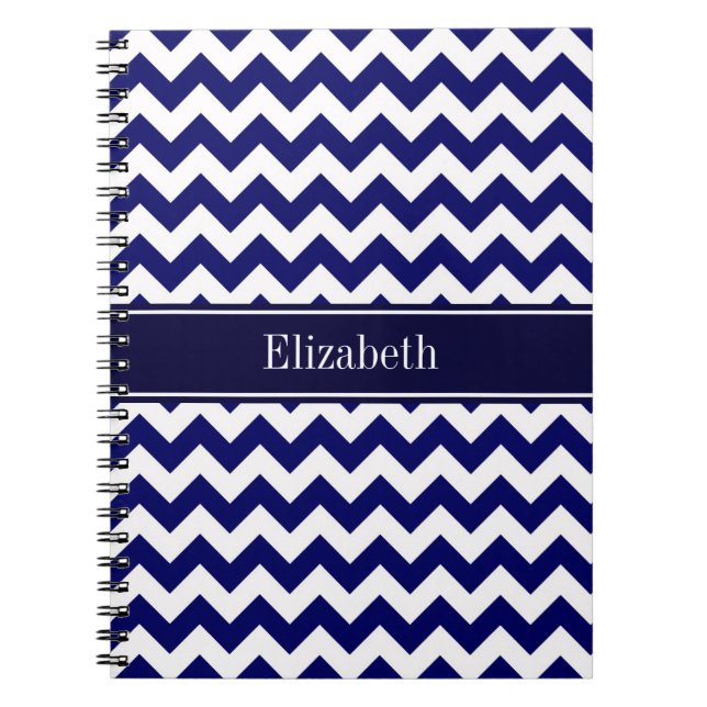 Navy Blue White Chevron Navy Name Monogram Notebook (Front)
