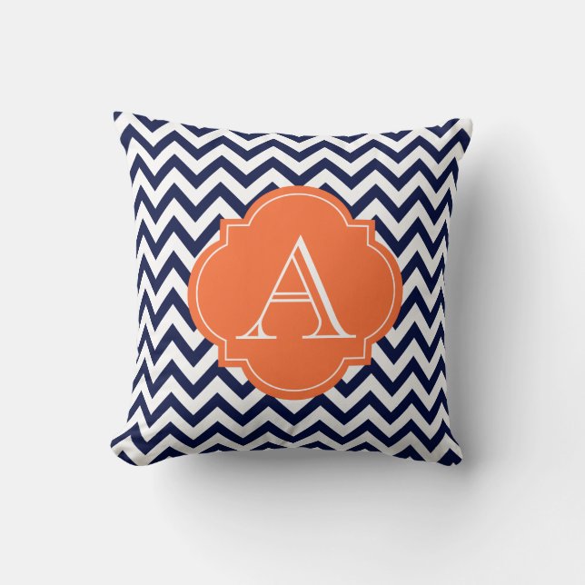 Navy Blue & White Chevron Orange Monogram Pillow (Front)