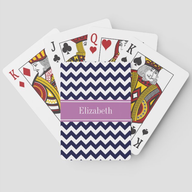 Navy Blue White Chevron Orchid Name Monogram Playing Cards (Back)